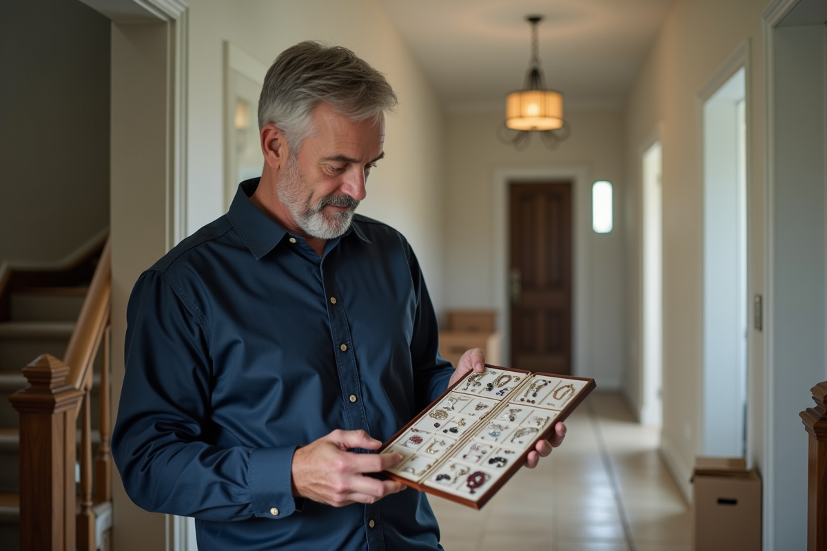 Homme inspectant un organisateur de bijoux dans un couloir en déménagement