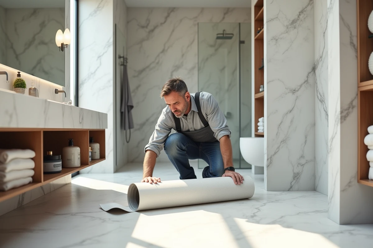 Homme vérifiant un rouleau de PVC dans une salle de bain lumineuse