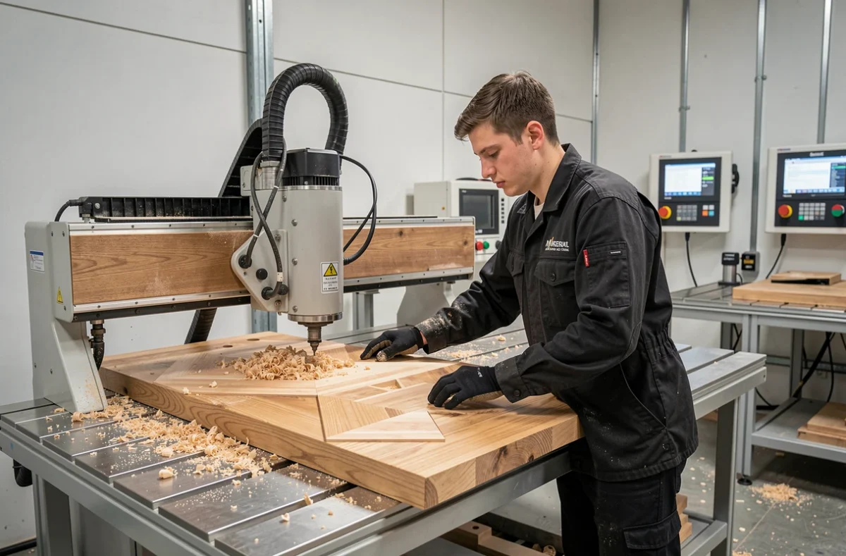 Technicien d'Inoker Menuiserie utilisant une fraiseuse CNC dans un atelier de menuiserie moderne