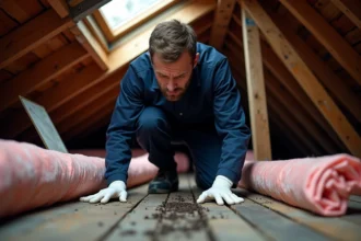 Technicien en désinfection inspectant des crottes de fouine dans un grenier poussiéreux avec des solives en bois