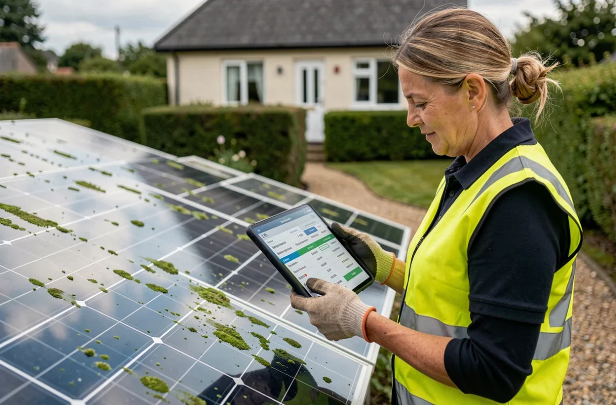 Technicienne en gilet jaune consultant une tablette lors d'une inspection de panneaux solaires installés au sol dans un jardin