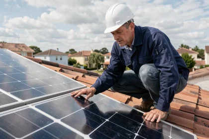 Ingénieur inspectant des panneaux solaires installés sur un toit résidentiel pour évaluer la qualité du fabricant