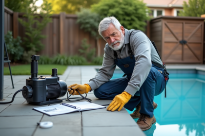 Homme inspectant un câble électrique près d'une piscine