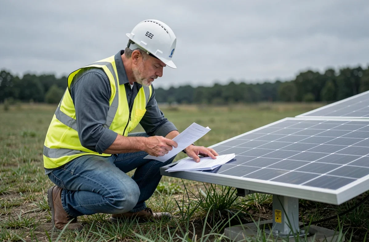 Technicien inspectant un panneau solaire au sol lors d'une vérification réglementaire sur un terrain ouvert