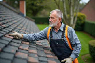 Homme en tenue de travail inspectant des tuiles de toit