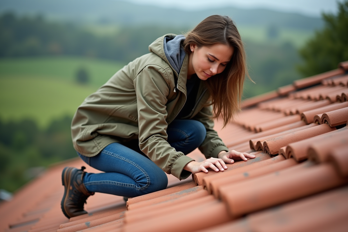 Jeune femme inspectant des tuiles en toiture rurale