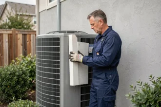 Technicien installant des panneaux acoustiques anti-bruit autour d'une pompe à chaleur extérieure sur une maison résidentielle