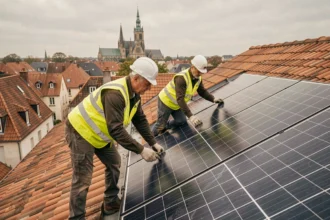 Deux installateurs posant des panneaux solaires sur un toit résidentiel à Metz avec la cathédrale en arrière-plan