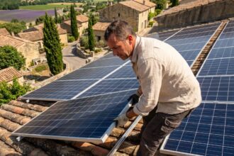 Technicien solaire installant des panneaux photovoltaïques sur un toit en tuiles provençal avec vue sur la campagne