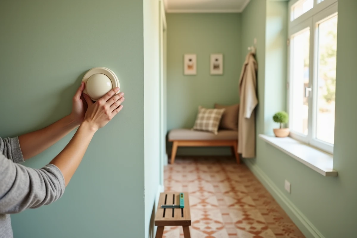 Installation d'une patère ronde en céramique par fixation invisible sur mur vert sauge dans une entrée de maison