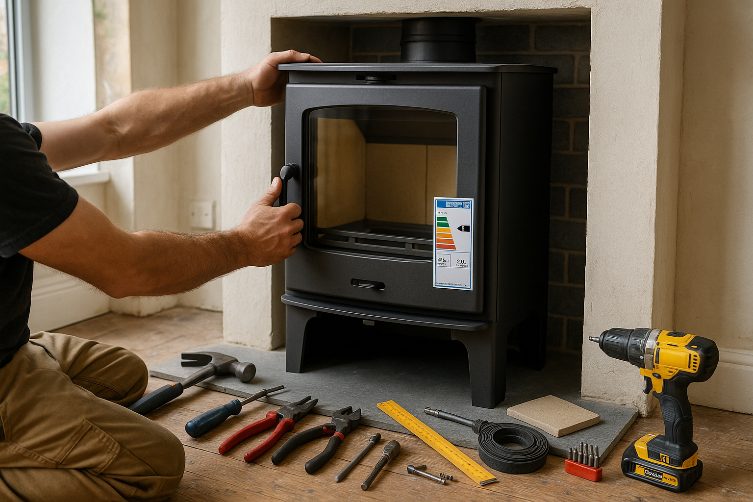 Professionnel installant un poêle à bois dans une maison rénovée