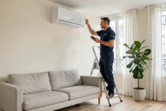 Technicien installant une pompe à chaleur air air réversible Daikin dans un salon moderne