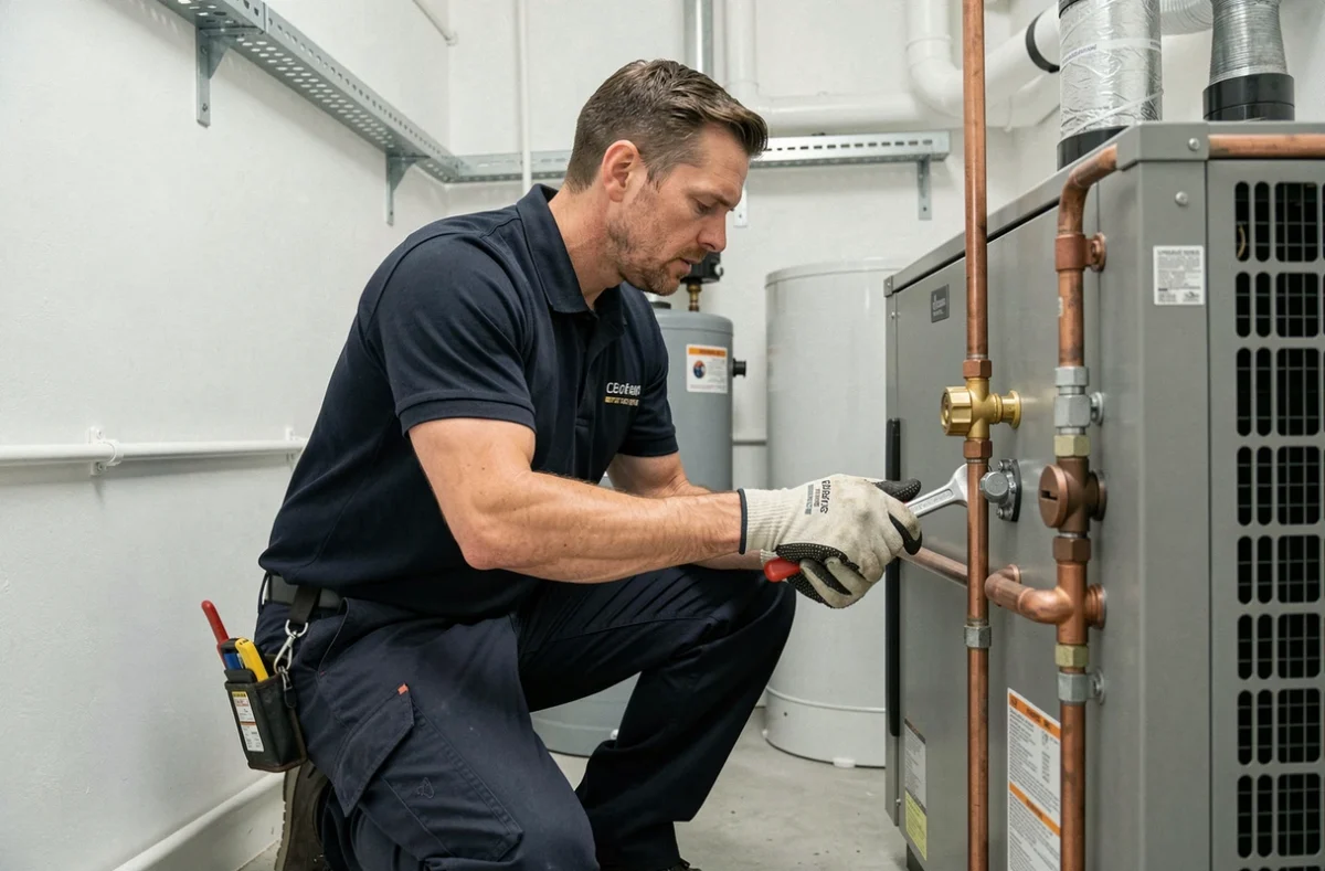Technicien installant une pompe à chaleur Atlantic dans une chaufferie résidentielle