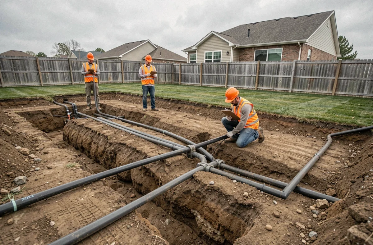 Installation d'un système de pompe à chaleur géothermique avec réseau de tubes enterrés dans un jardin en travaux