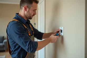 Technicien installant une prise TV murale satellite dans un salon moderne