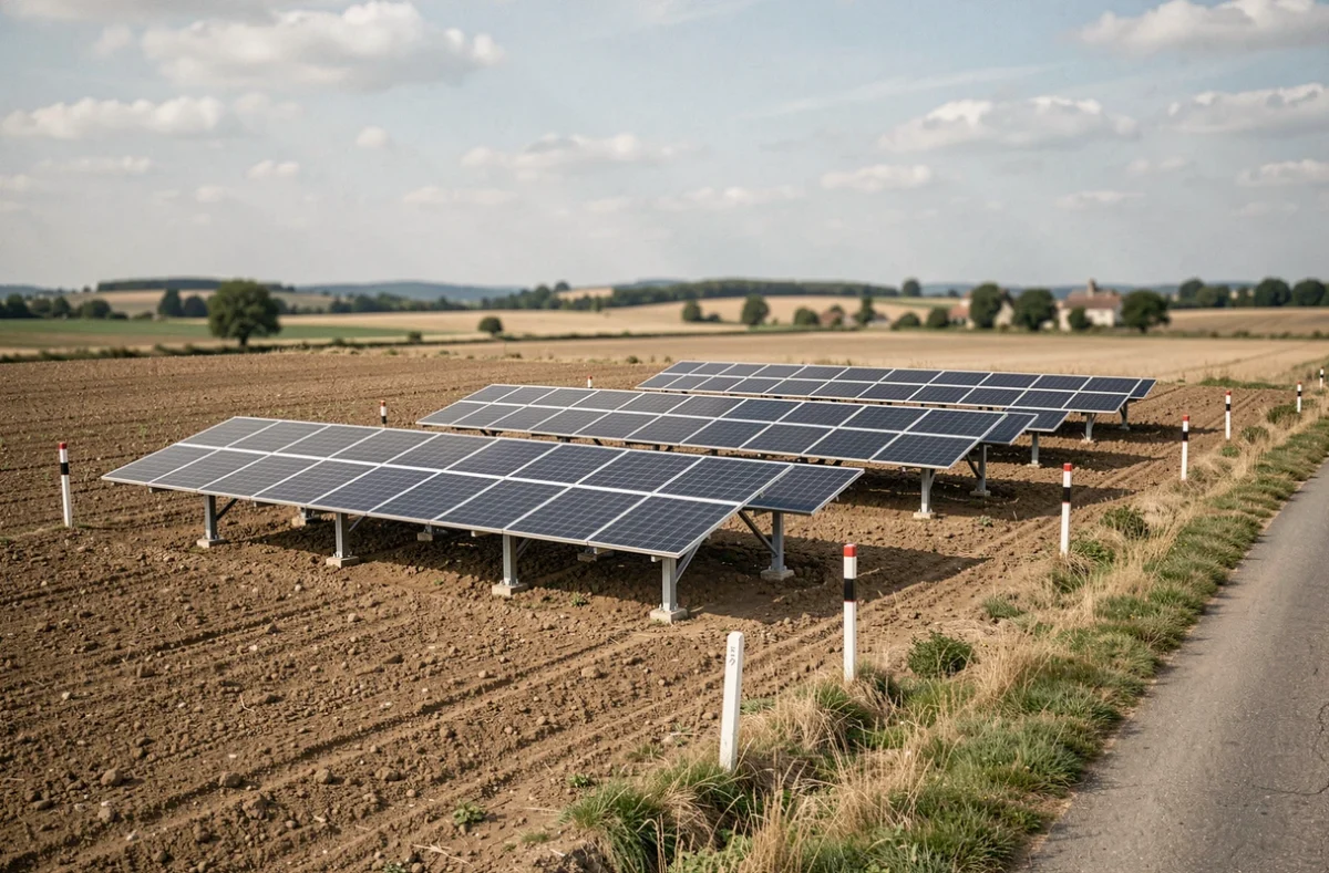 Grande installation de panneaux solaires au sol en zone agricole rurale avec bornes cadastrales visibles