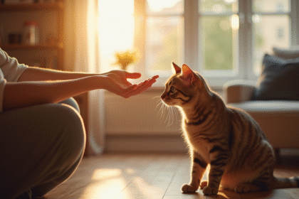 Proprietaire de chat et chat adulte dans un salon chaleureux