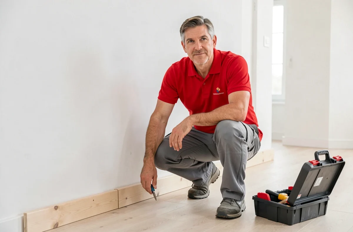 Artisan de Jem Services posant une plinthe en bois dans un intérieur domestique fraîchement peint