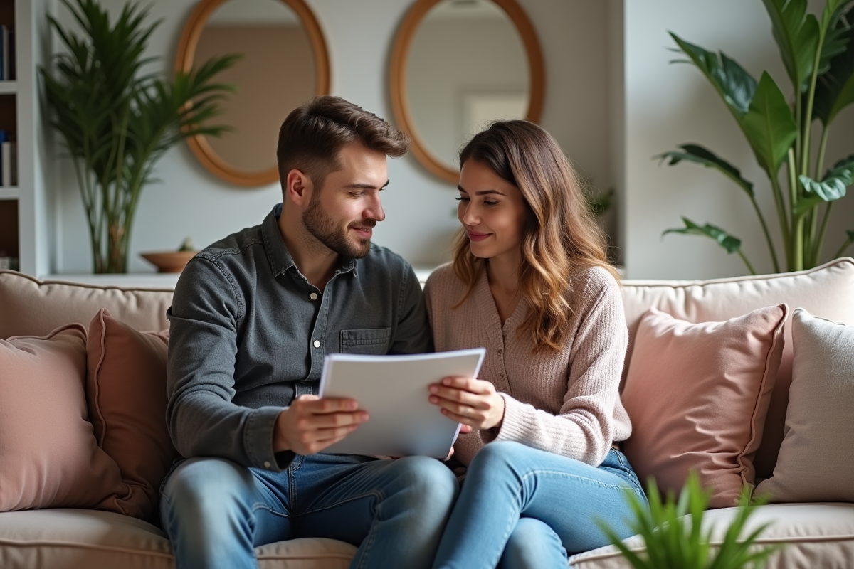 Jeune couple discutant de tissus dans un salon moderne et cosy