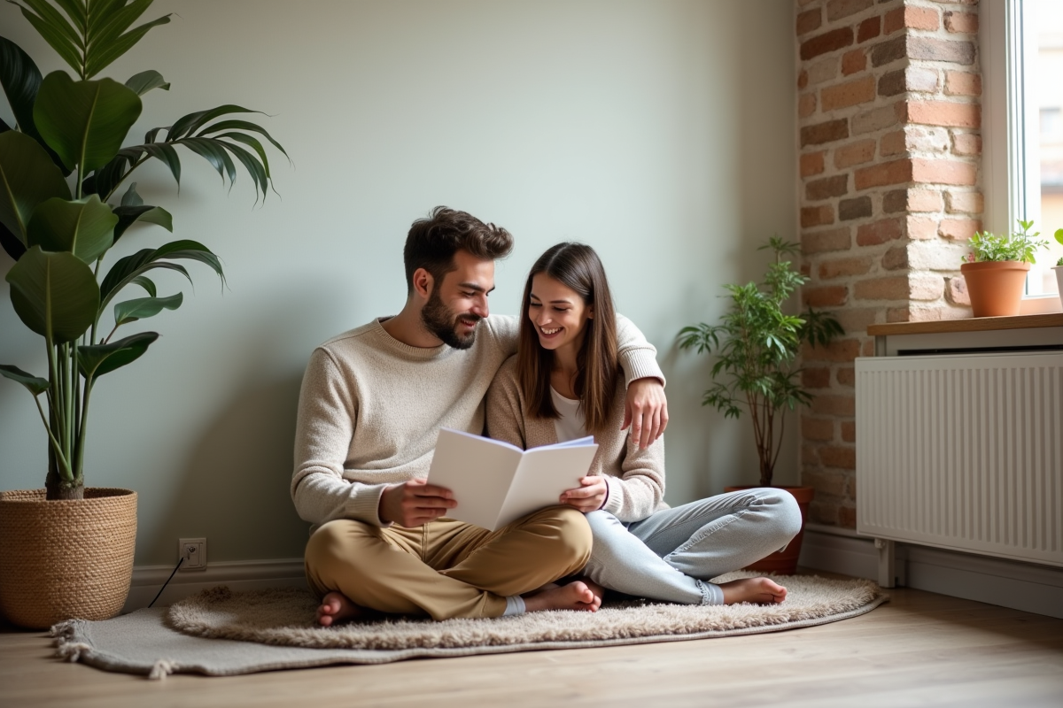 Jeune couple parlant de brochures de chauffage dans leur salon