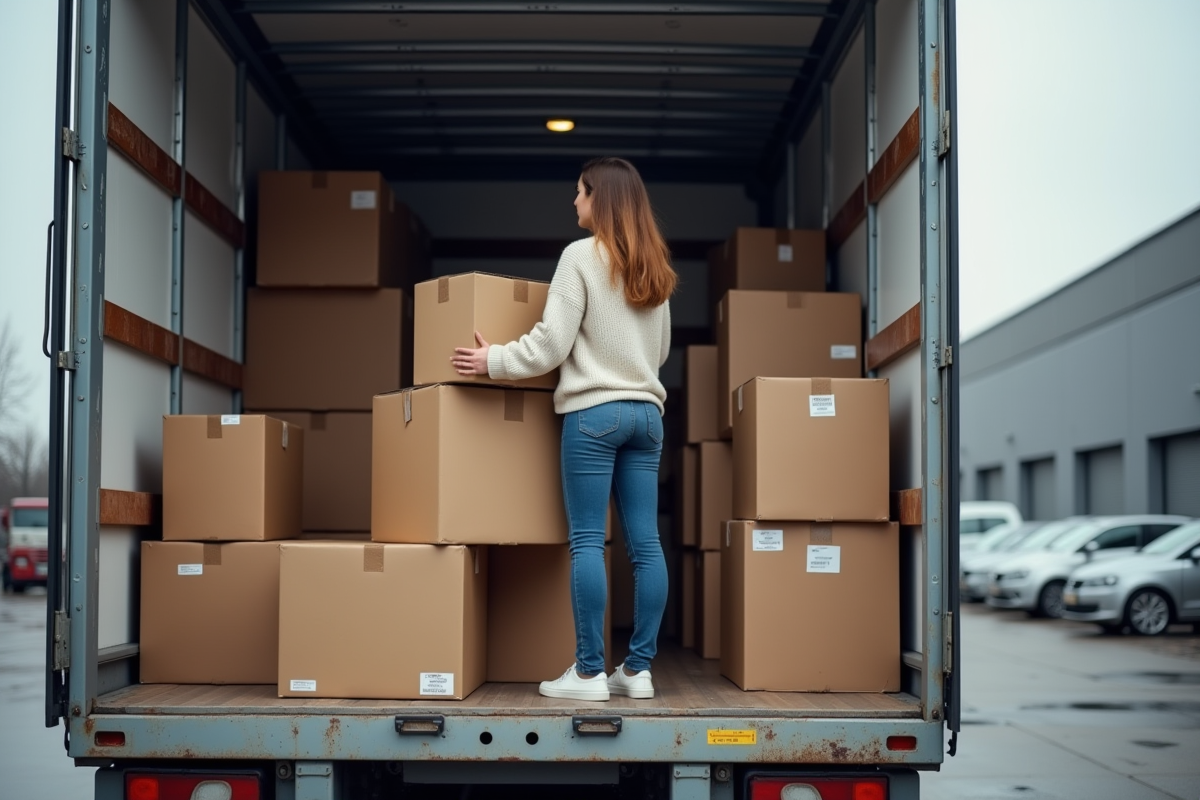 Femme arrangeant cartons dans camion de déménagement