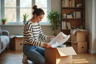Jeune femme emballant des plats dans une boîte à la maison