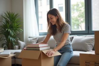 Jeune femme emballant des livres dans un appartement moderne