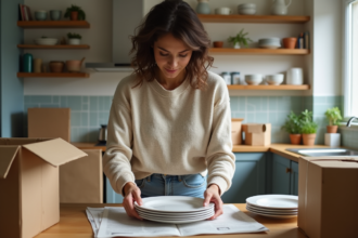 Jeune femme emballant des assiettes dans une cuisine lumineuse