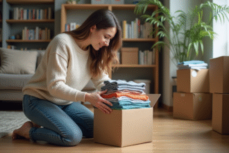 Jeune femme emballant des vêtements colorés dans un carton dans un salon moderne