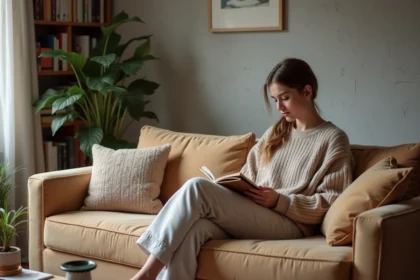 Jeune femme lisant dans un salon urbain cosy