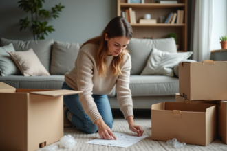 Jeune femme organisant des cartons dans un salon en déménagement