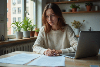 Jeune femme en intérieur examine des formulaires de location