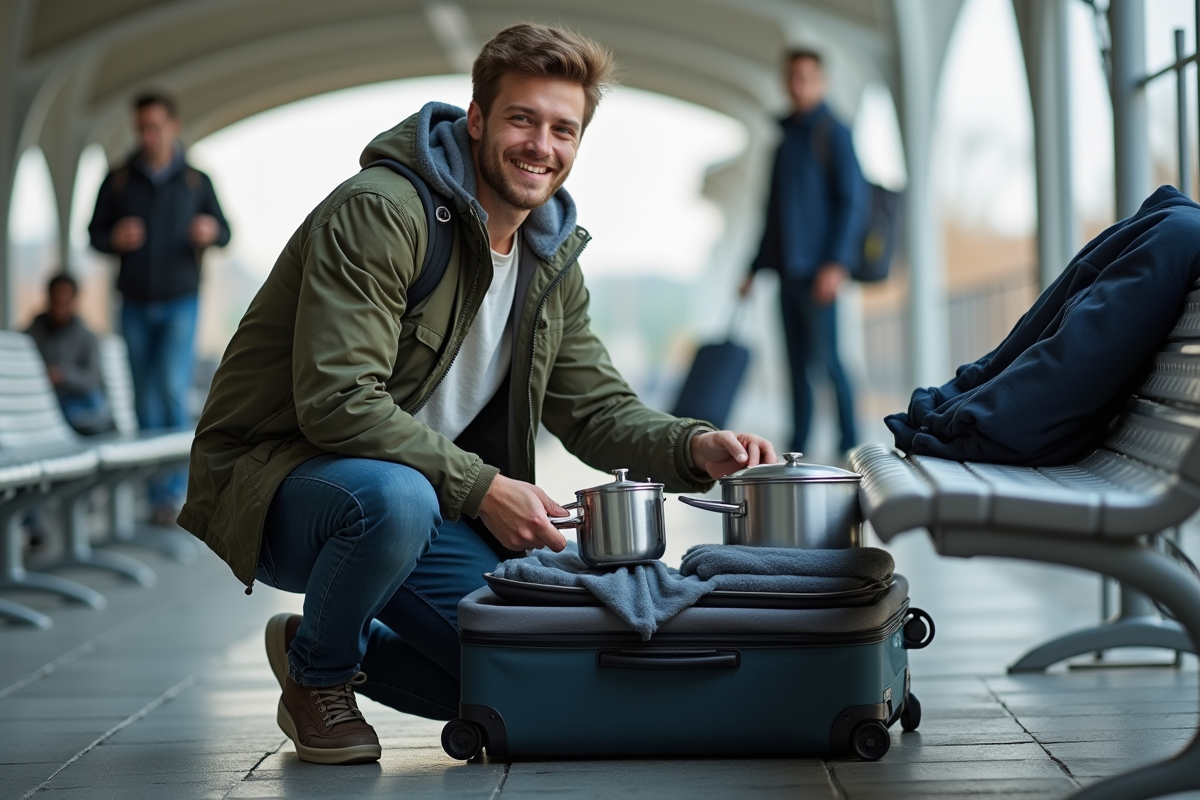 Jeune homme préparant ses casseroles dans une valise à la gare