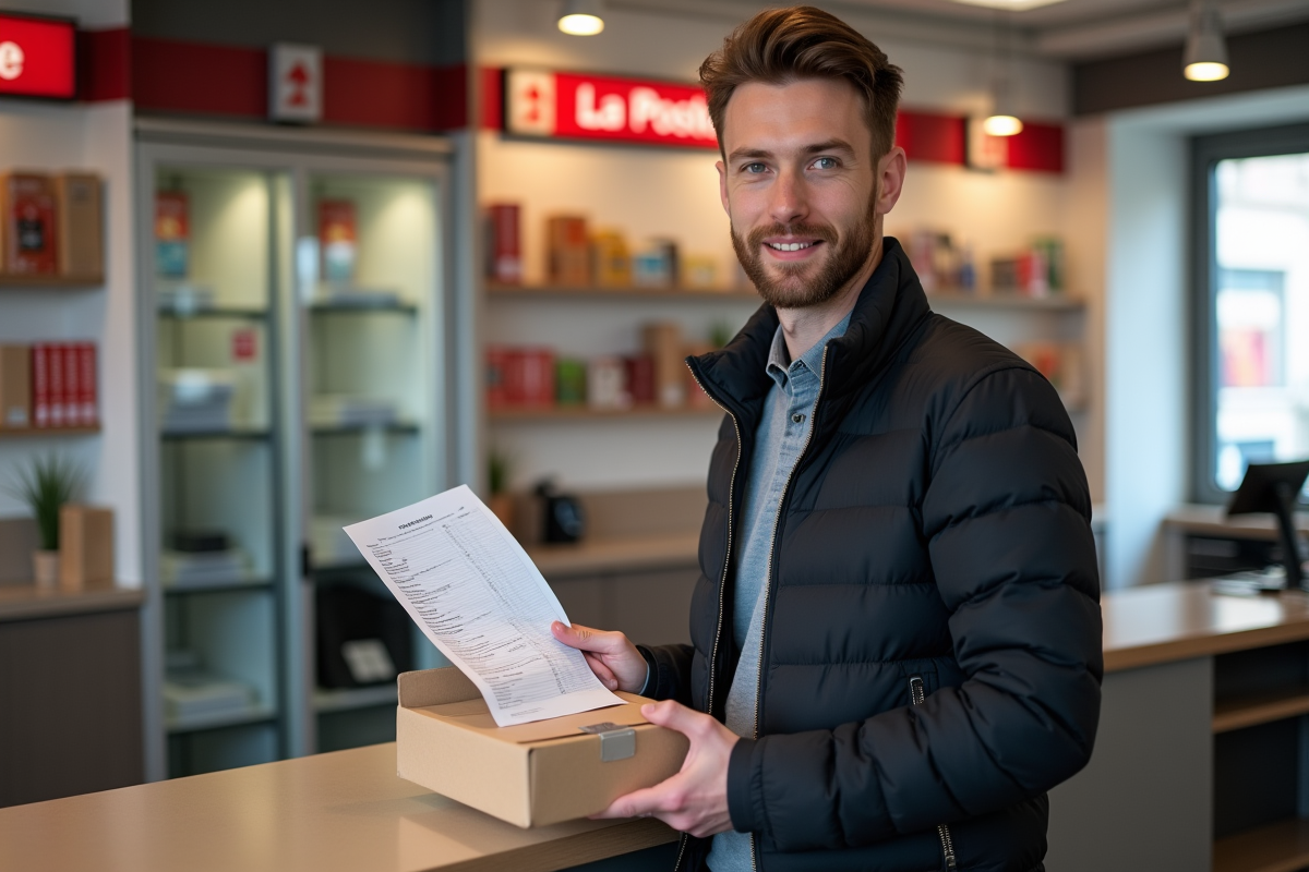 Jeune homme à la poste tenant un formulaire de changement d