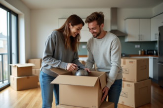Jeune couple emballant vaisselle dans un appartement moderne