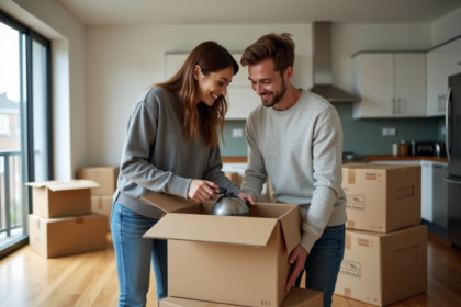 Jeune couple emballant vaisselle dans un appartement moderne