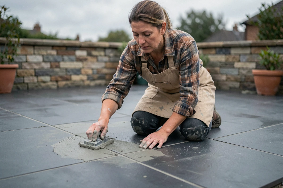 Carreleuse professionnelle appliquant un joint de carrelage en grès cérame anthracite sur une terrasse extérieure avec une taloche en caoutchouc