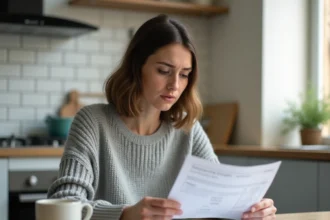 Femme consultant des justificatifs de domicile officiels sur une table de cuisine pour constituer un dossier administratif conforme