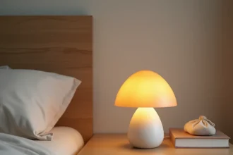 Lampe de chevet en forme de champignon avec base céramique mate sur table de nuit en chêne dans une chambre adulte minimaliste