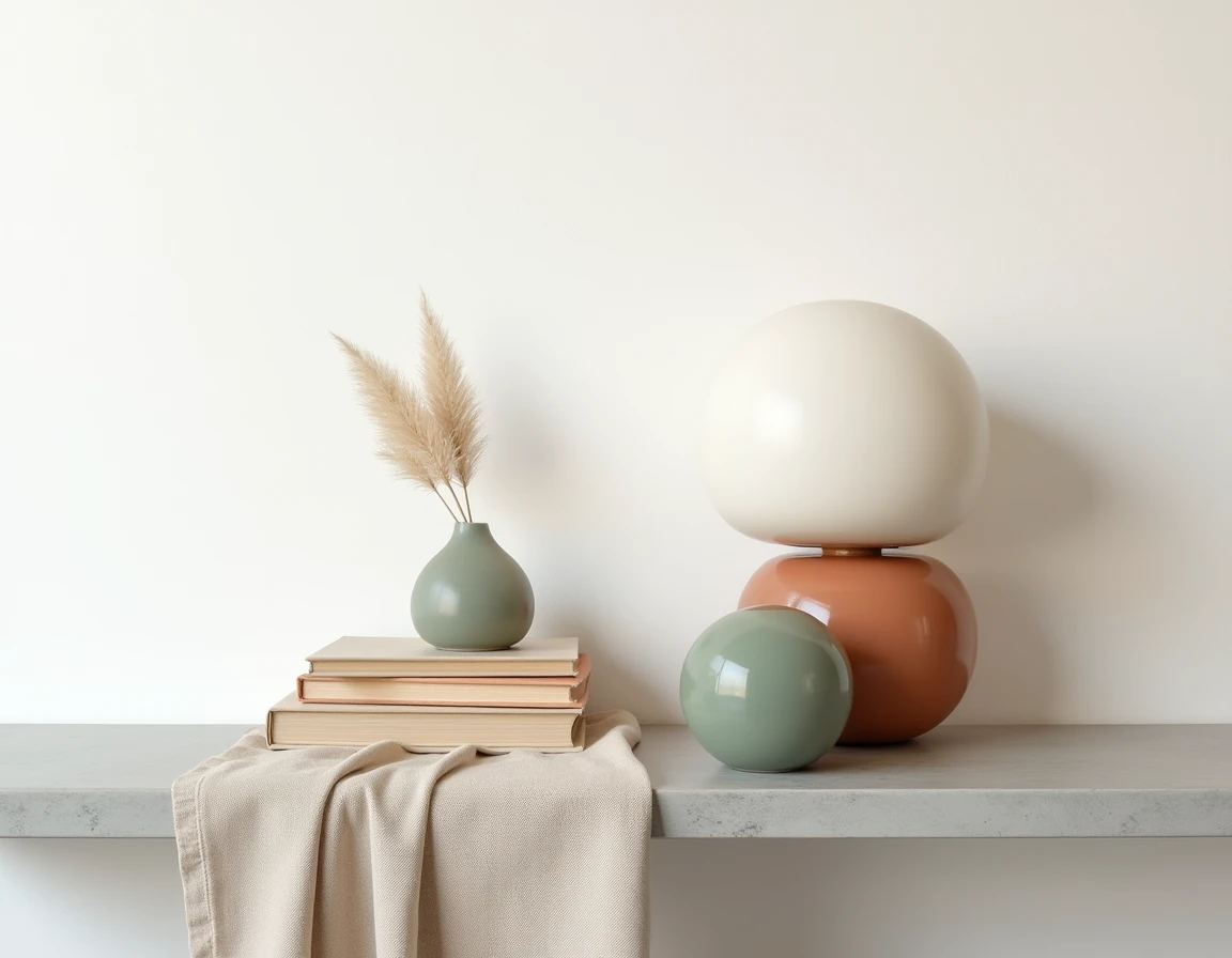 Deux lampes champignon en céramique terracotta et vert sauge stylisées sur étagère béton avec décoration intérieure adulte moderne
