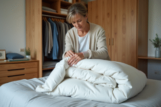 Femme pliant un duvet blanc dans une chambre organisée