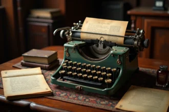 Machine à écrire vintage des années 1940 posée sur un bureau en chêne ancien avec des pages manuscrites jaunies, patine authentique sur les touches chromées