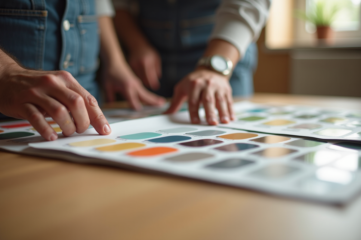 Mains d’un artisan comparant des échantillons de peinture