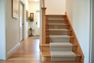 Marches d'escalier en bois recouvertes de tapis autocollants beiges dans un intérieur résidentiel