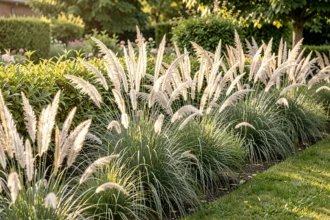 Massif de graminées ornementales à plumeaux argentés au jardin