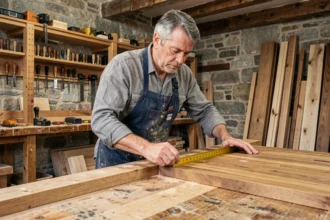 Menuisier parisien expérimenté mesurant un panneau en chêne dans un atelier artisanal avec outils traditionnels au mur