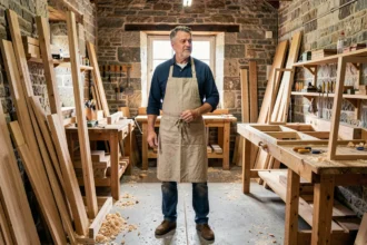 Menuisier artisan dans un atelier de menuiserie en Ille-et-Vilaine, entouré de bois et d'outils traditionnels