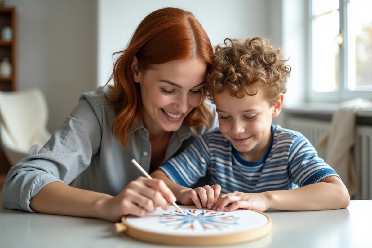 Mère aidant son fils à réaliser un projet de broderie débutant ensemble à la maison