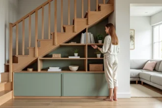 Meuble sur mesure intégré sous un escalier en bois avec étagères ouvertes et portes de placard vert sauge dans un salon de style scandinave