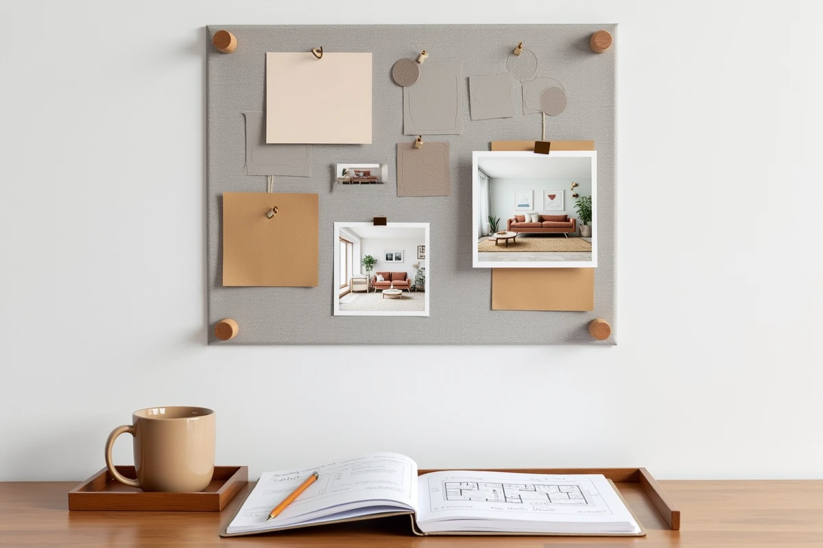 Tableau de planification déco avec échantillons de couleurs, tissus et captures d'écran d'un simulateur d'aménagement intérieur raffiné